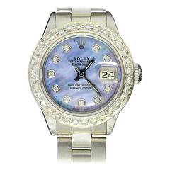 Retro Rolex Lady's Stainless Steel Diamond Black Mother of Pearl DateJust Wristwatch