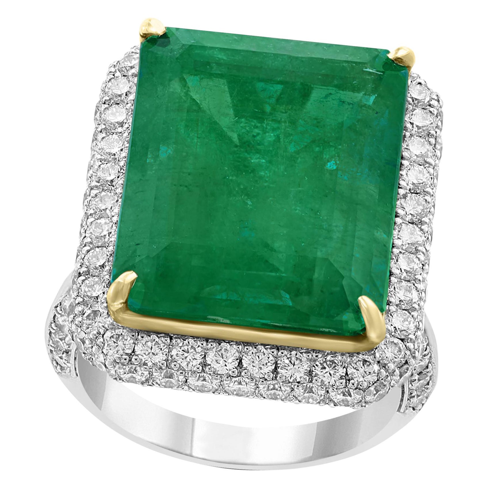 AGL Certified 13.10 Ct Emerald Cut Colombian Emerald Diamond 18K Gold Ring For Sale
