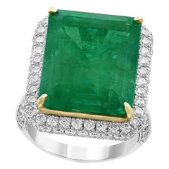 Retro AGL Certified 13.10 Ct Emerald Cut Colombian Emerald Diamond 18K Gold Ring