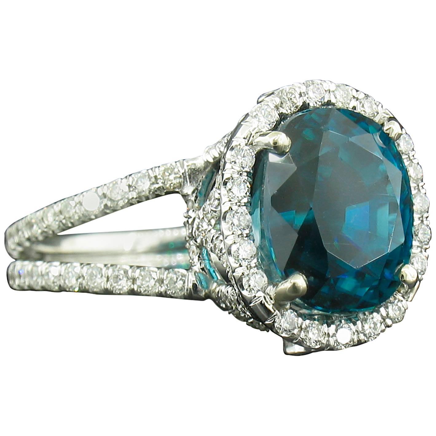 Natural Blue Zircon Diamond Gold Ring For Sale at 1stdibs