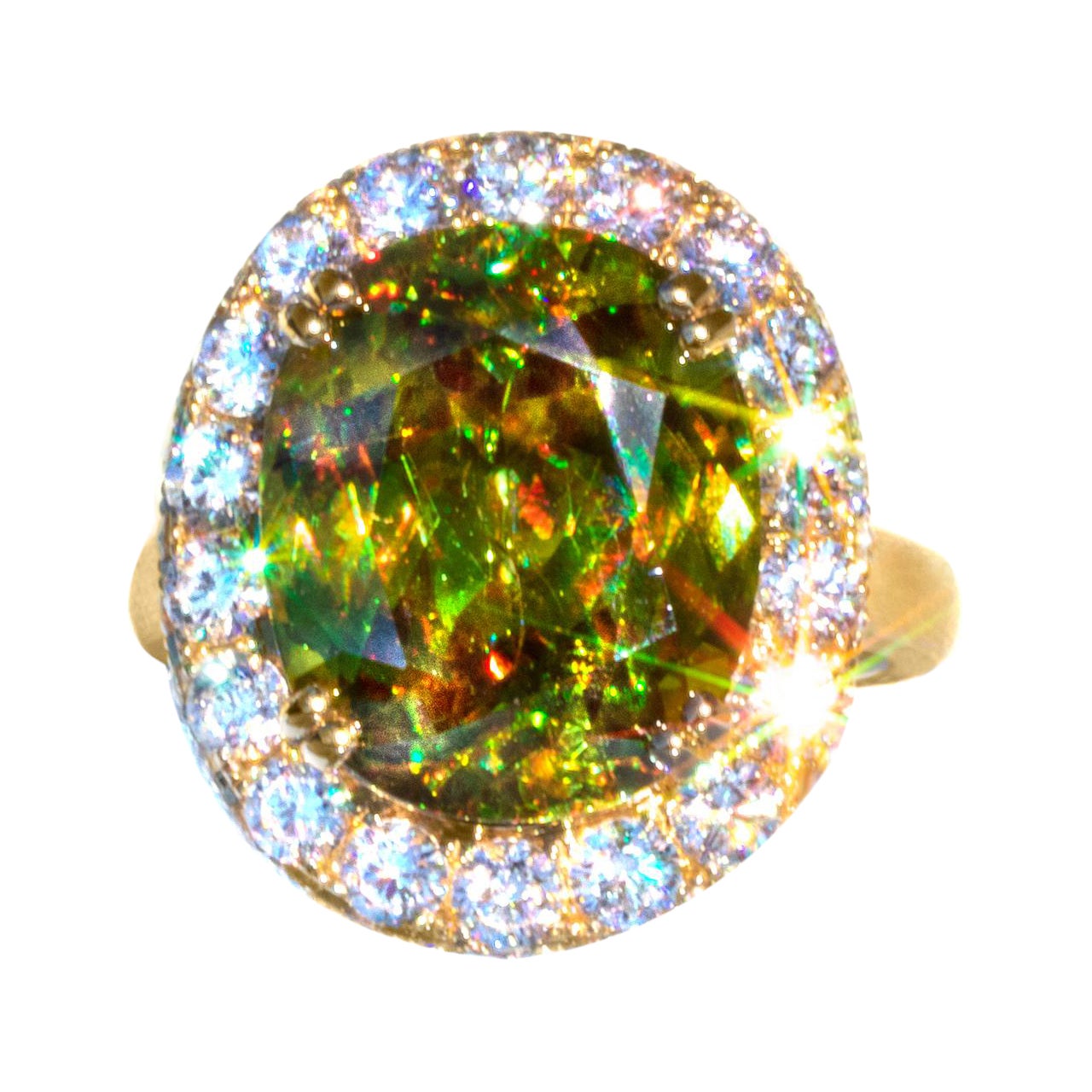 Rare Chrome Sphene & Diamond 18K Ring For Sale