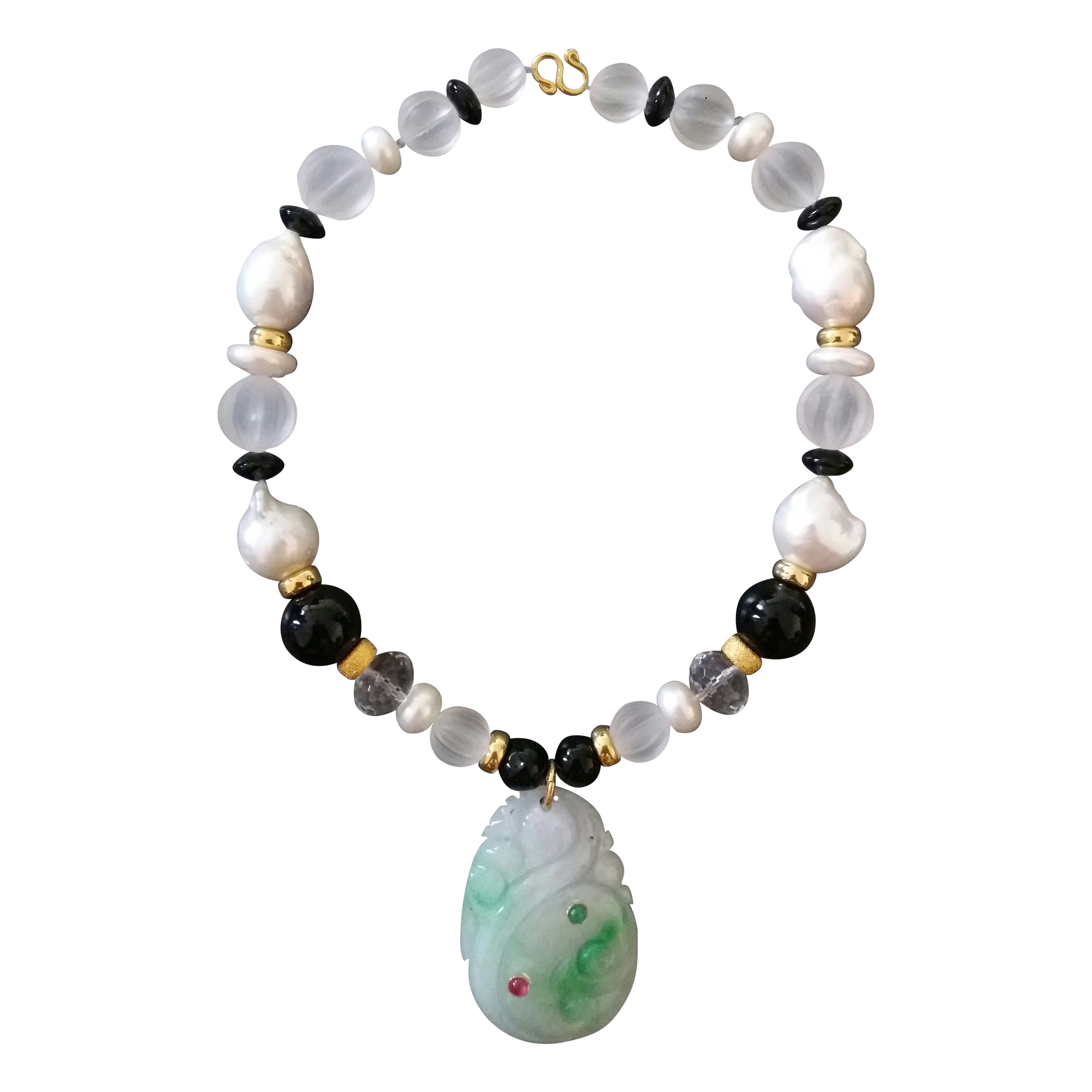 Burma Jade Pendant Baroque Pearls Quartz Black Onyx Ruby Emerald Gold Necklaces