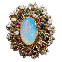 8 Carat Oval Australian Opal, Diamond, Emerald  Ruby, Sapphire Ring Estate