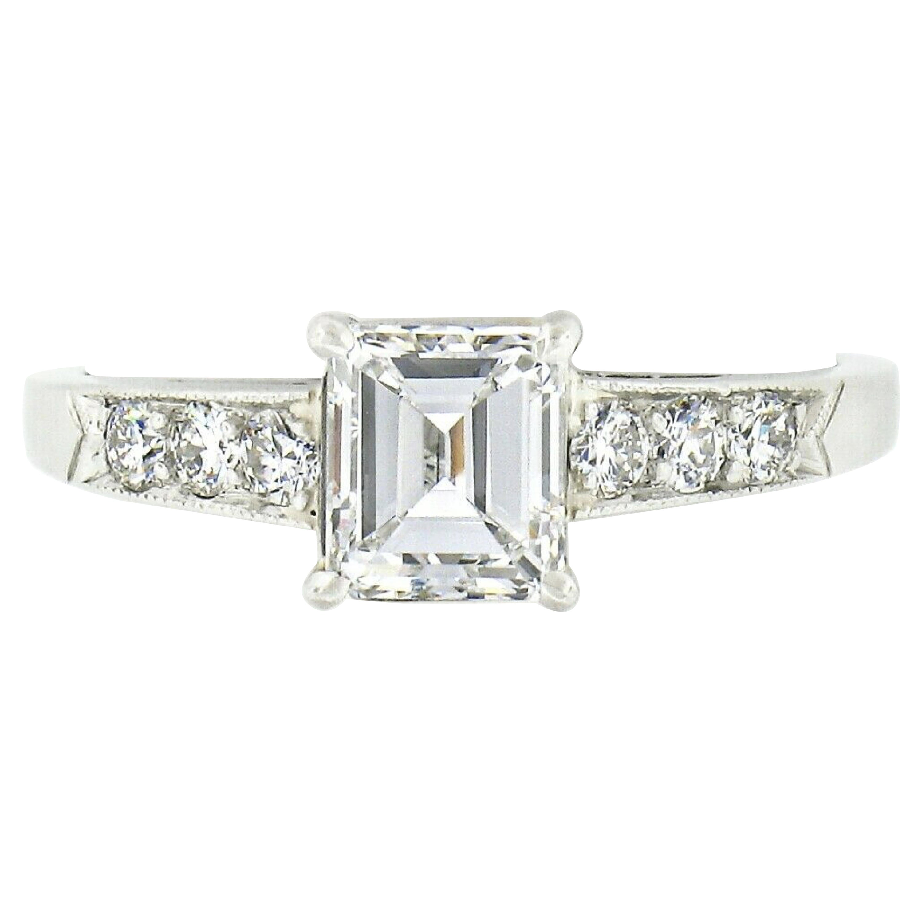 Antique Art Deco Platinum GIA Emerald Cut Diamond w/ Accents Engagement Ring