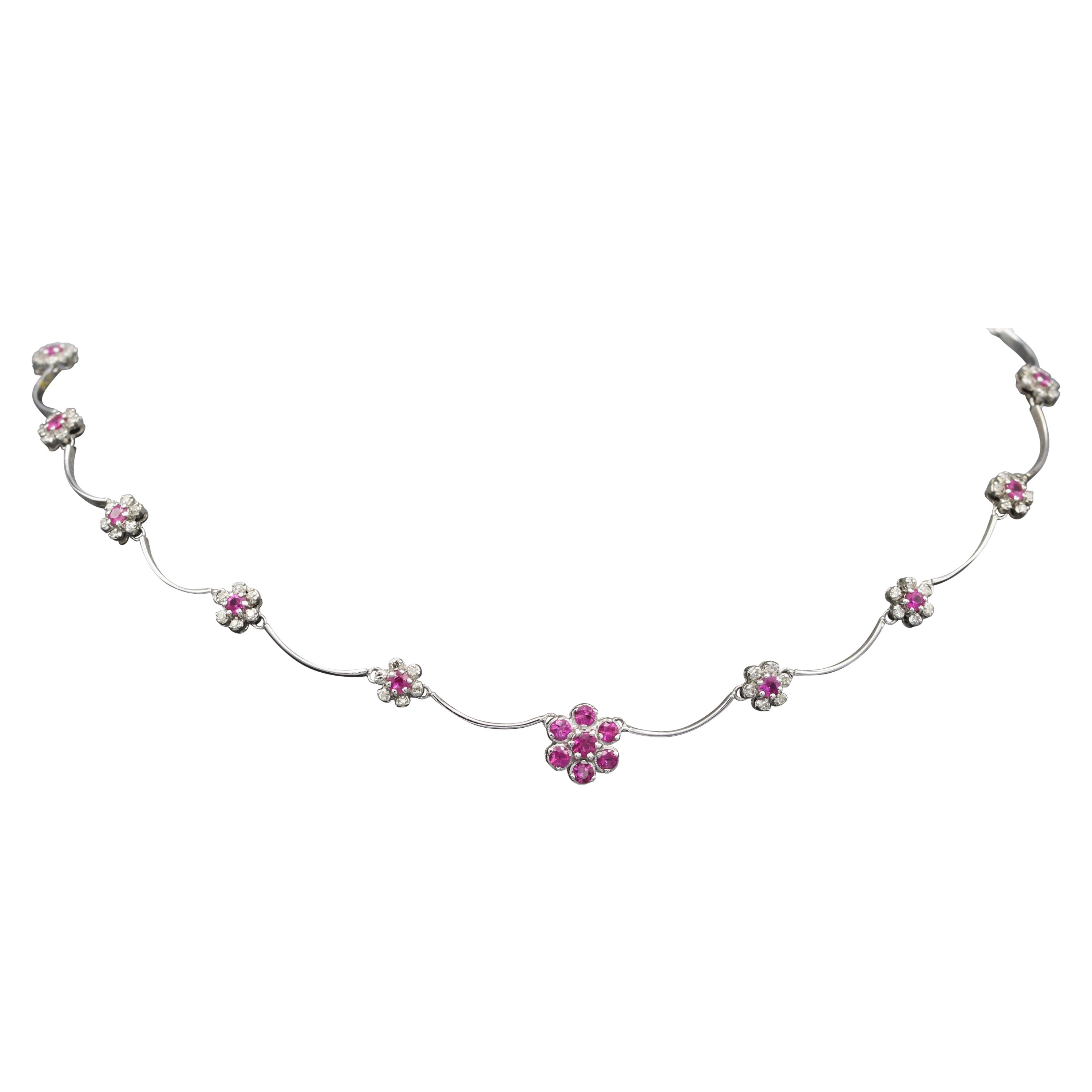 Natural Ruby Necklace Flower Style Necklace 14 Karat White Gold and Diamonds