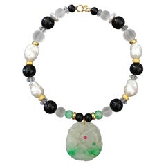 Burma Jade Pendant Baroque Pearls Quartz Black Onyx Ruby Emerald Gold Necklaces