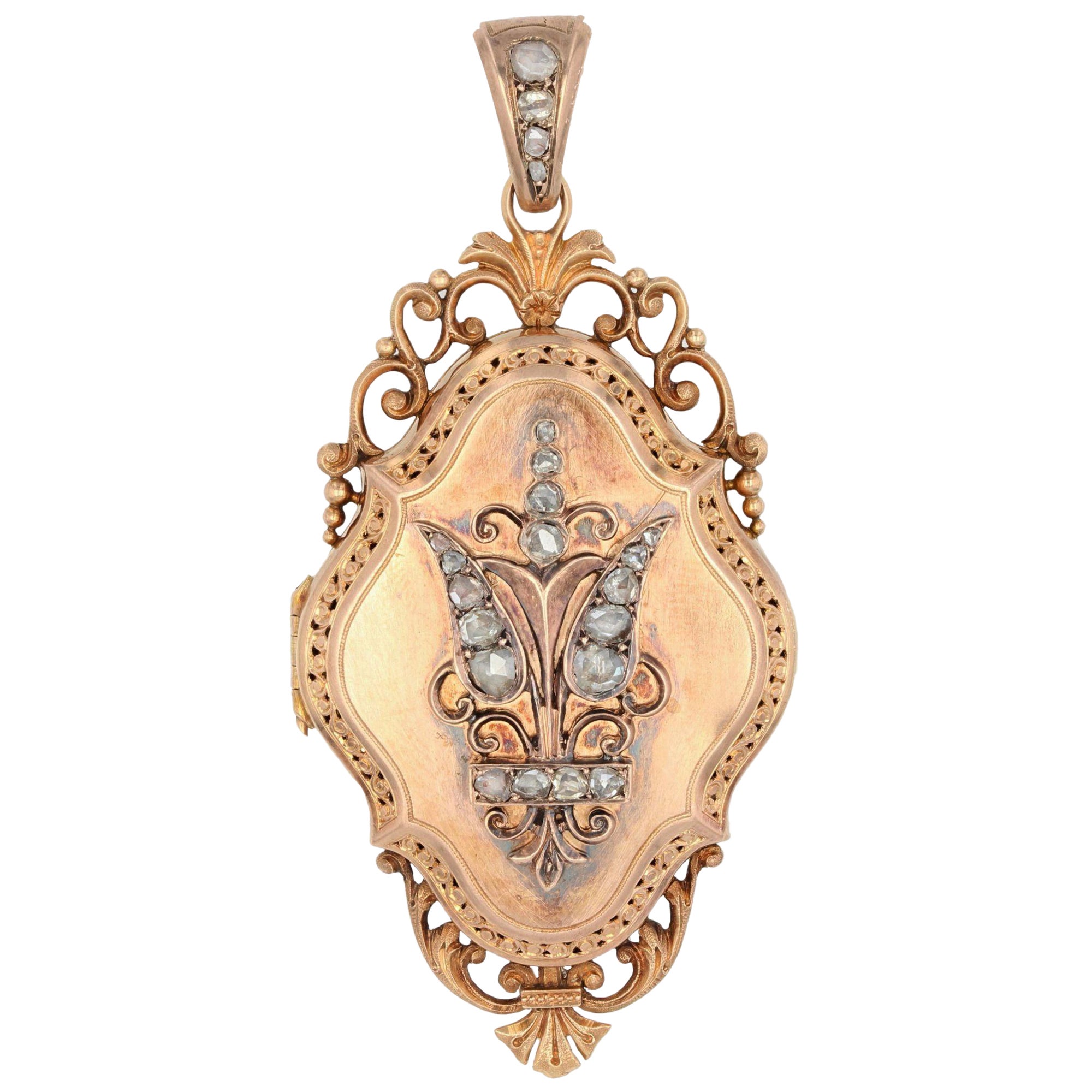 Franzsische Medaillon-Anhnger aus 18 Karat Rosgold mit Diamanten aus dem 19. Jahrhundert im Angebot