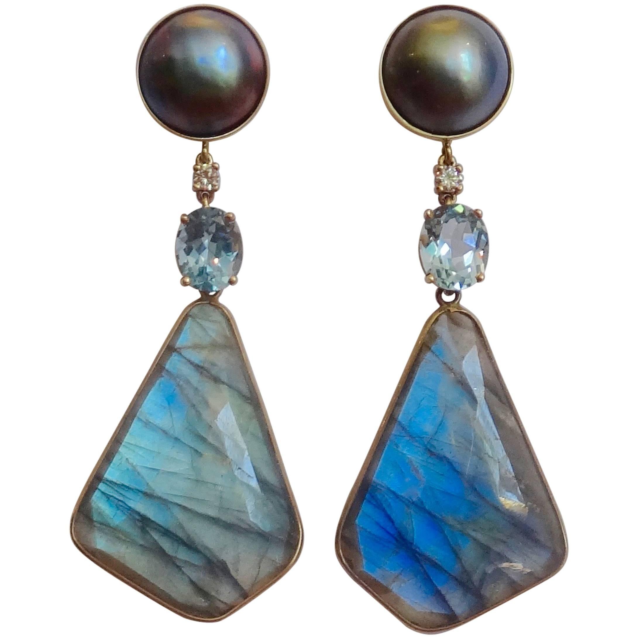 Labradorite aquamarine pearl Diamond dangle earrings