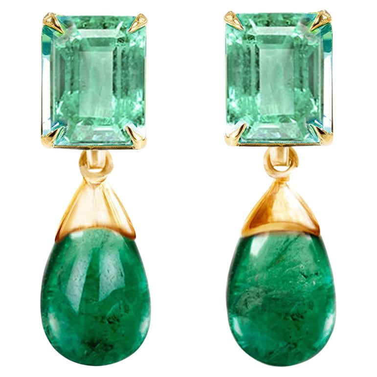 18 Karat Yellow Gold Transformer Stud Earrings with Emeralds