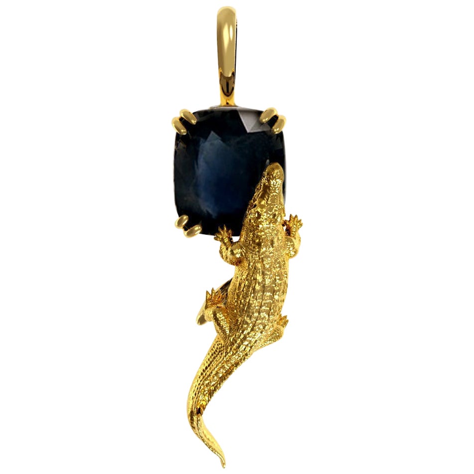 Eighteen Karat Yellow Gold Contemporary Pendant with Cushion Sapphire For Sale