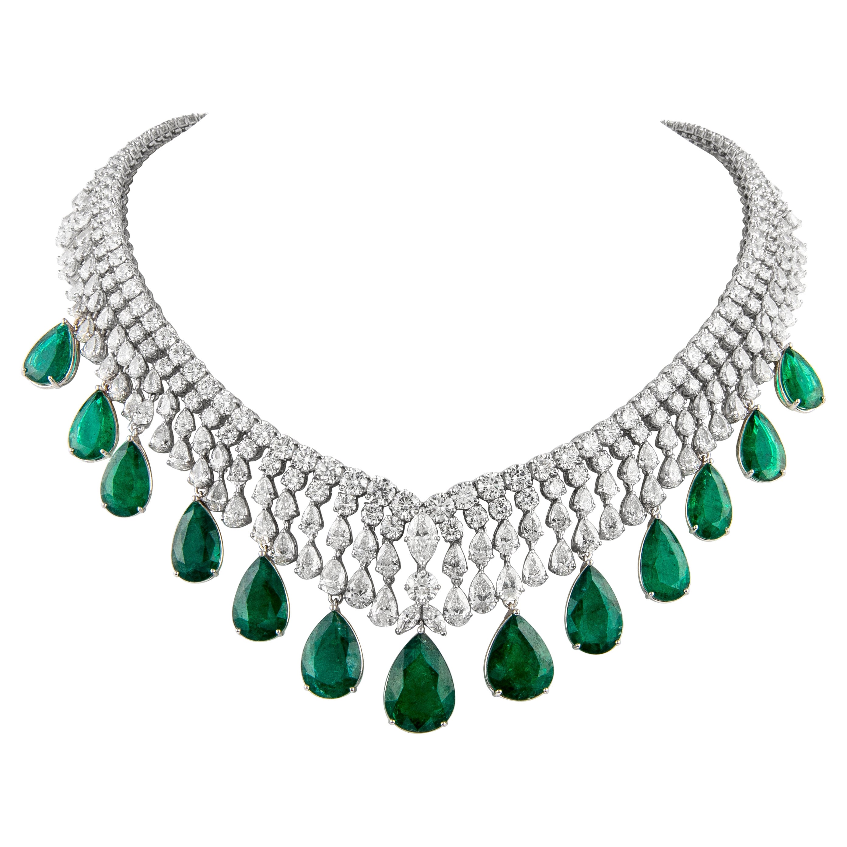 108.94ct Pear Shape Emerald & Diamond Necklace 18k White Gold