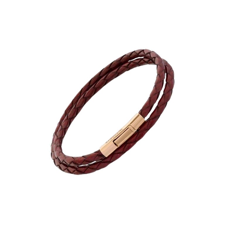 Tubo Scoubidou Double Wrap Bracelet in Red Leather with 18K Rose Gold, Size M
