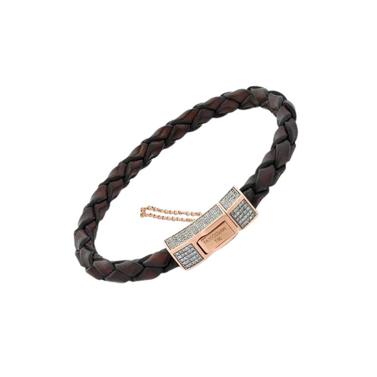Scoubidou Micro Pave Bracelet in Brown Leather, 18K Rose Gold & Diamond, Size L For Sale