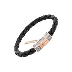 Scoubidou Micro Pave Bracelet in Black Leather, 18K Rose Gold & Diamond, Size M