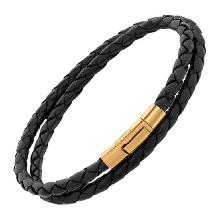 Tubo Scoubidou Double Wrap Bracelet in Black Leather and 18K Yellow Gold, Size M