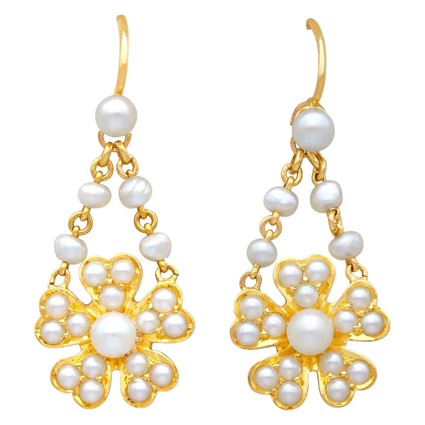 Antique Seed Pearl and 18k Yellow Gold Drop Earrings, Circa 1890 For Sale
