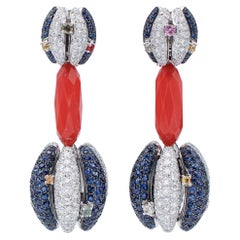 Coral, Blue and Multicolor Sapphires, Diamonds, 18 Karat White Gold Earrings