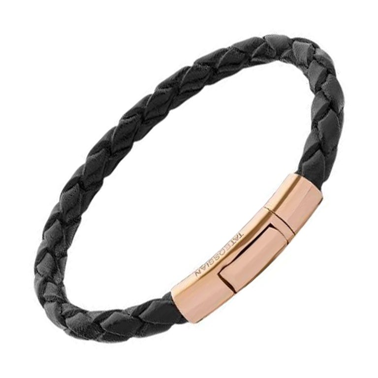 Bracelet Tubo Scoubidou en cuir noir et or rose 18 carats, taille L en vente
