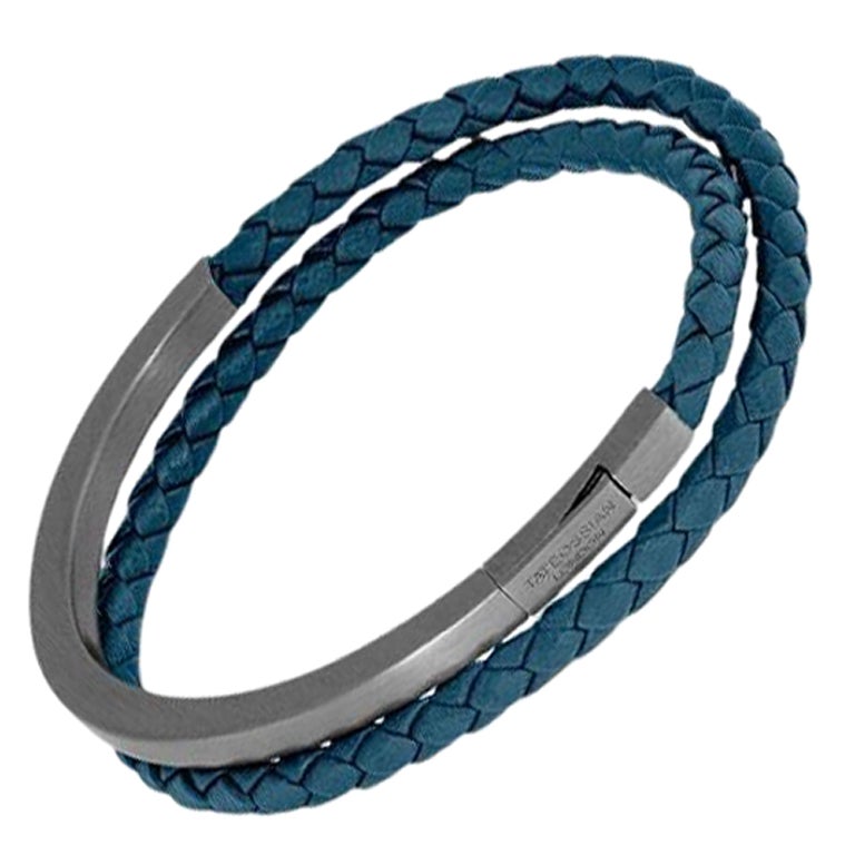 Mezzo Noir Bracelet in Navy Leather with Black Rhodium Sterling Silver, Size M For Sale