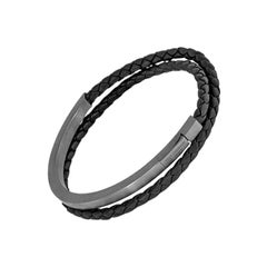 Mezzo Noir-Armband aus schwarzem Leder mit schwarzem Rhodium-Sterlingsilber, Größe M