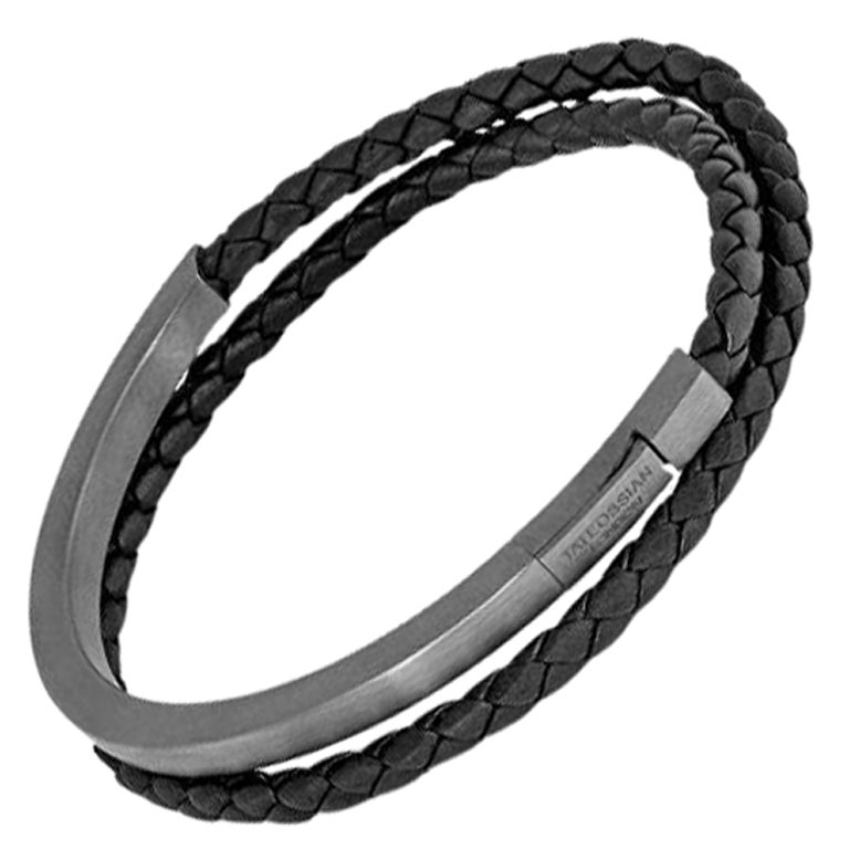 Bracelet Mezzo Noir en cuir noir et argent sterling rhodié noir, taille L