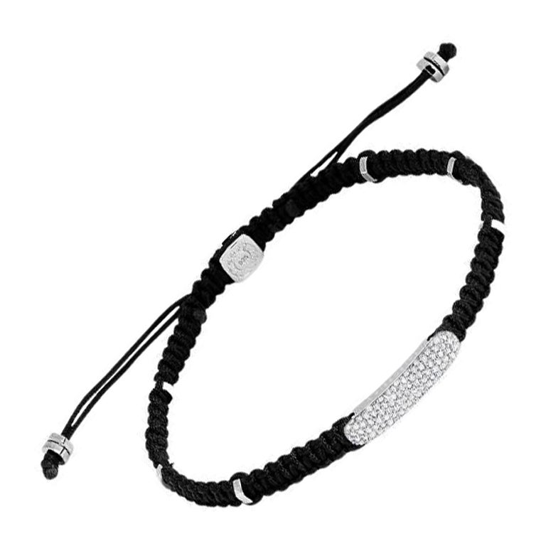 Diamond Baton Bracelet in Black Macramé and Sterling Silver, Size M For Sale