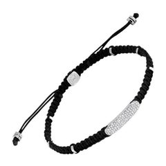 Diamond Baton Bracelet in Black Macramé and Sterling Silver, Size M