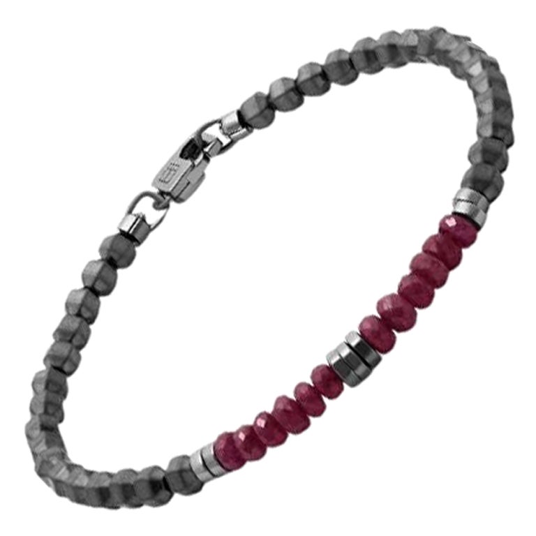 Icosahedron Ruby Bracelet in Hematite with Sterling Silver, Size M For Sale