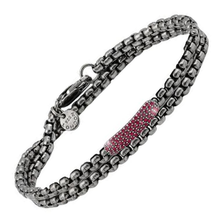 Black Rhodium Plated Sterling Silver Catena Baton Bracelet with Rubies, Size M For Sale