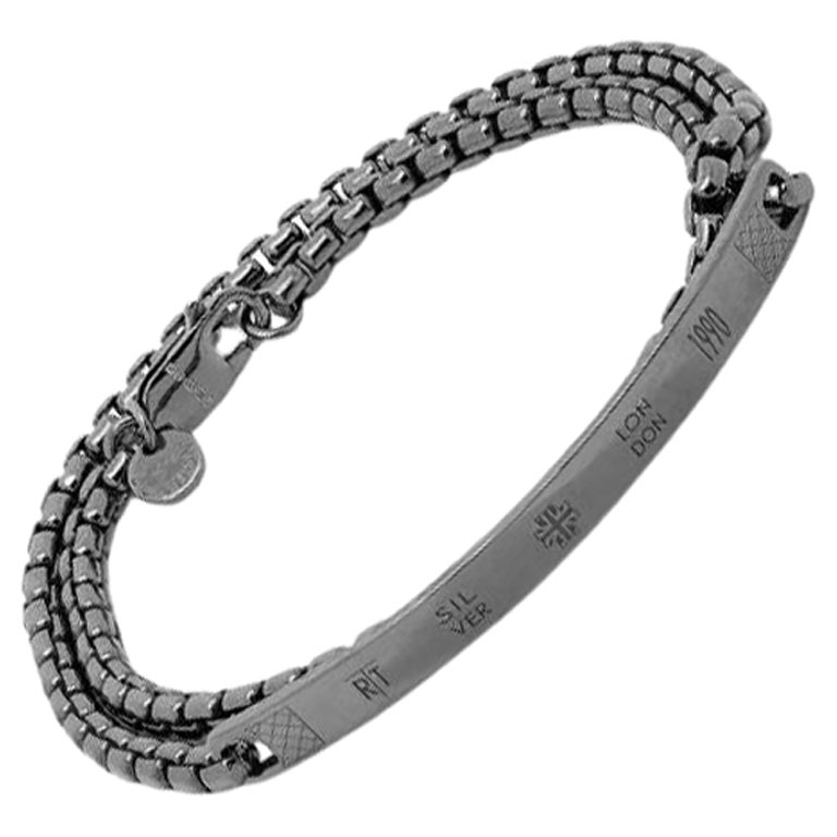 Identity Chain Bracelet In Brushed Black Rhodium Plated Sterling Silver, Size M For Sale