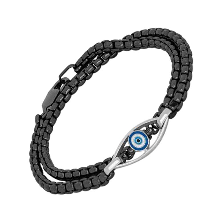 Catena Contrast Bracelet with Rhodium Plated Silver Evil Eye, Size L For Sale