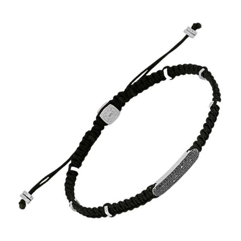 Black Diamond Baton Bracelet in Black Macramé and Sterling Silver, Size M For Sale