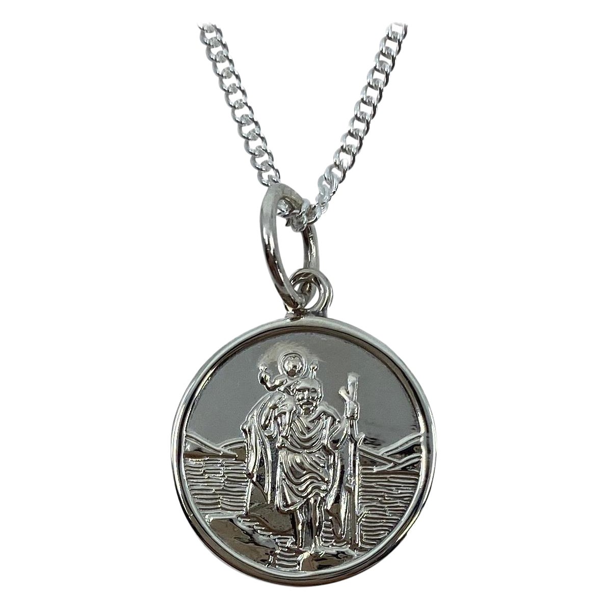 Sterling Silver St. Christopher Medium Round Pendant Curb Chain Necklace
