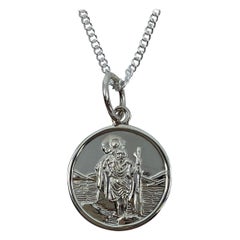 Sterling Silver St. Christopher Medium Round Pendant Curb Chain Necklace