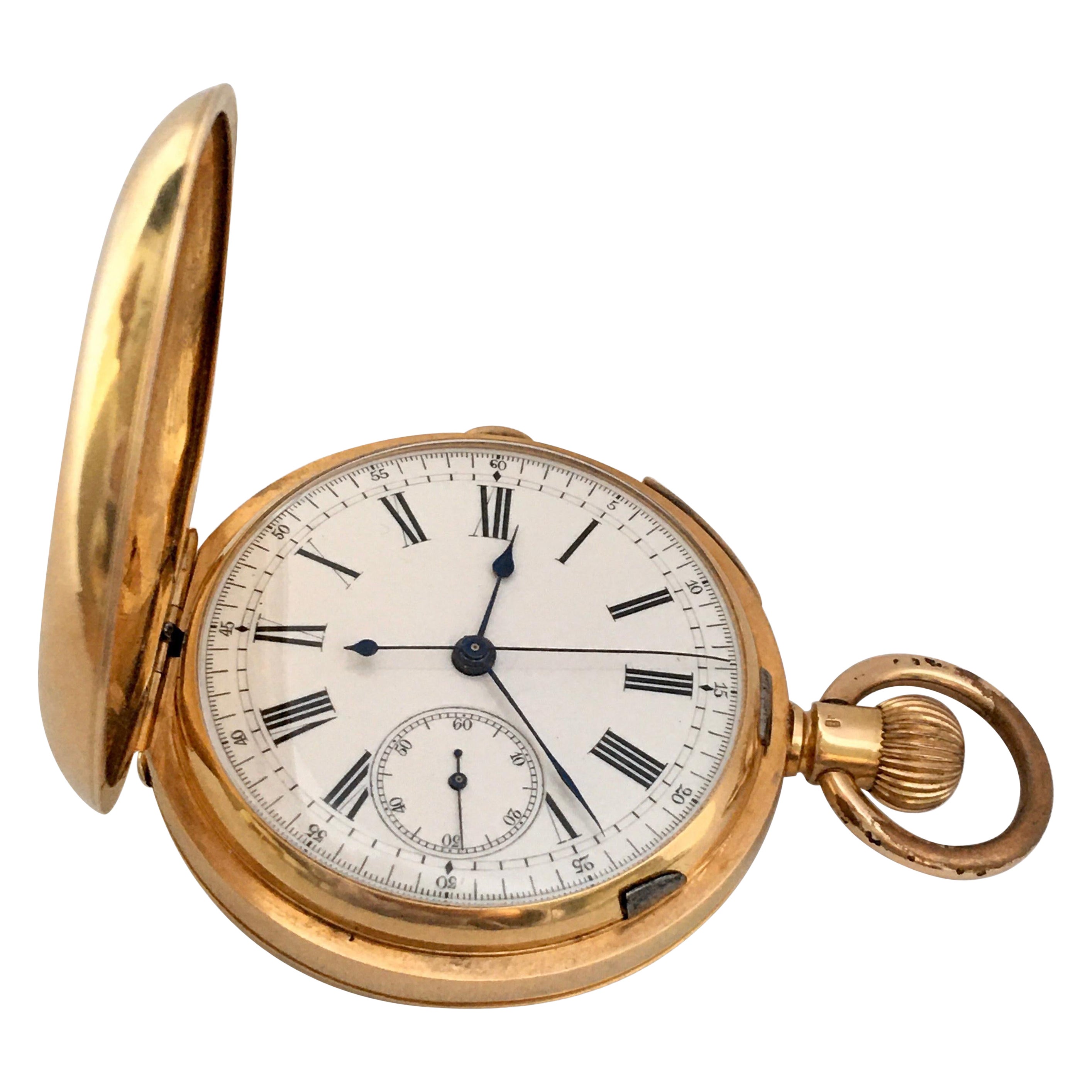 Fine 18 Karat Gold Full Hunter Chronograph and Quarter Repeating Pocket Watch For Sale