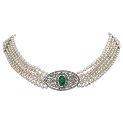 Art Deco 18K Gold Emerald Rose Cut Diamond Five Rope Pearl Collar Necklace