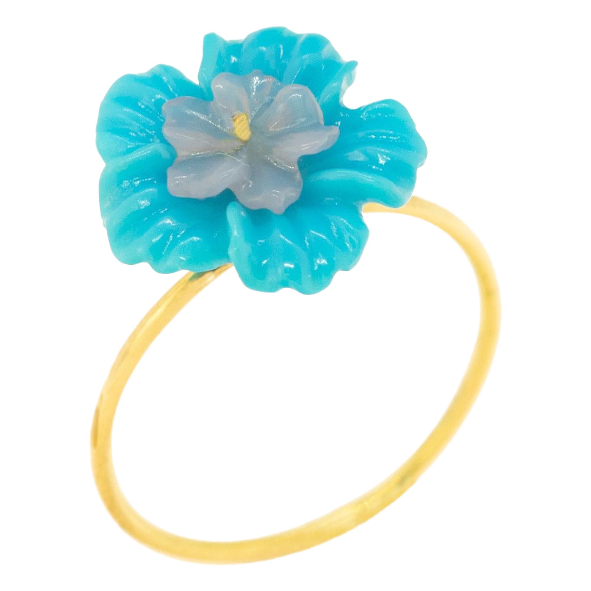 Carved Flower 18K Gold Turquoise Rose Agate Spring Chic Ring Intini Jewels For Sale