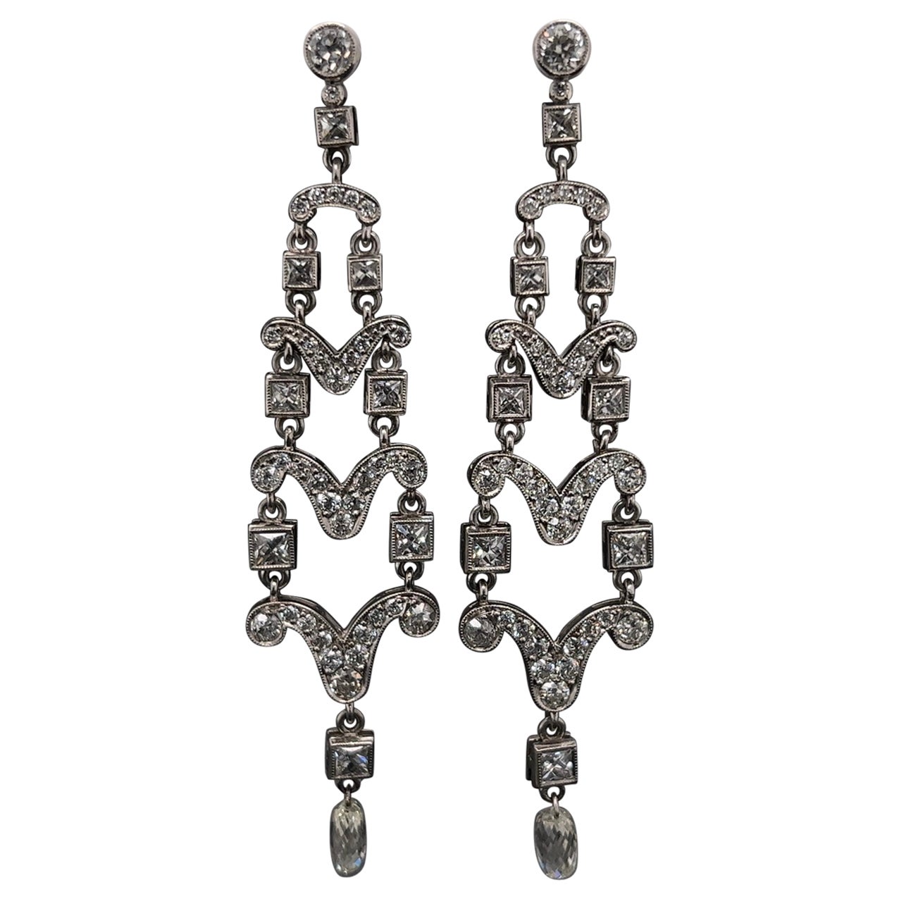 Diamond Chandelier Platinum Drop Earrings Estate Fine Jewelry For Sale