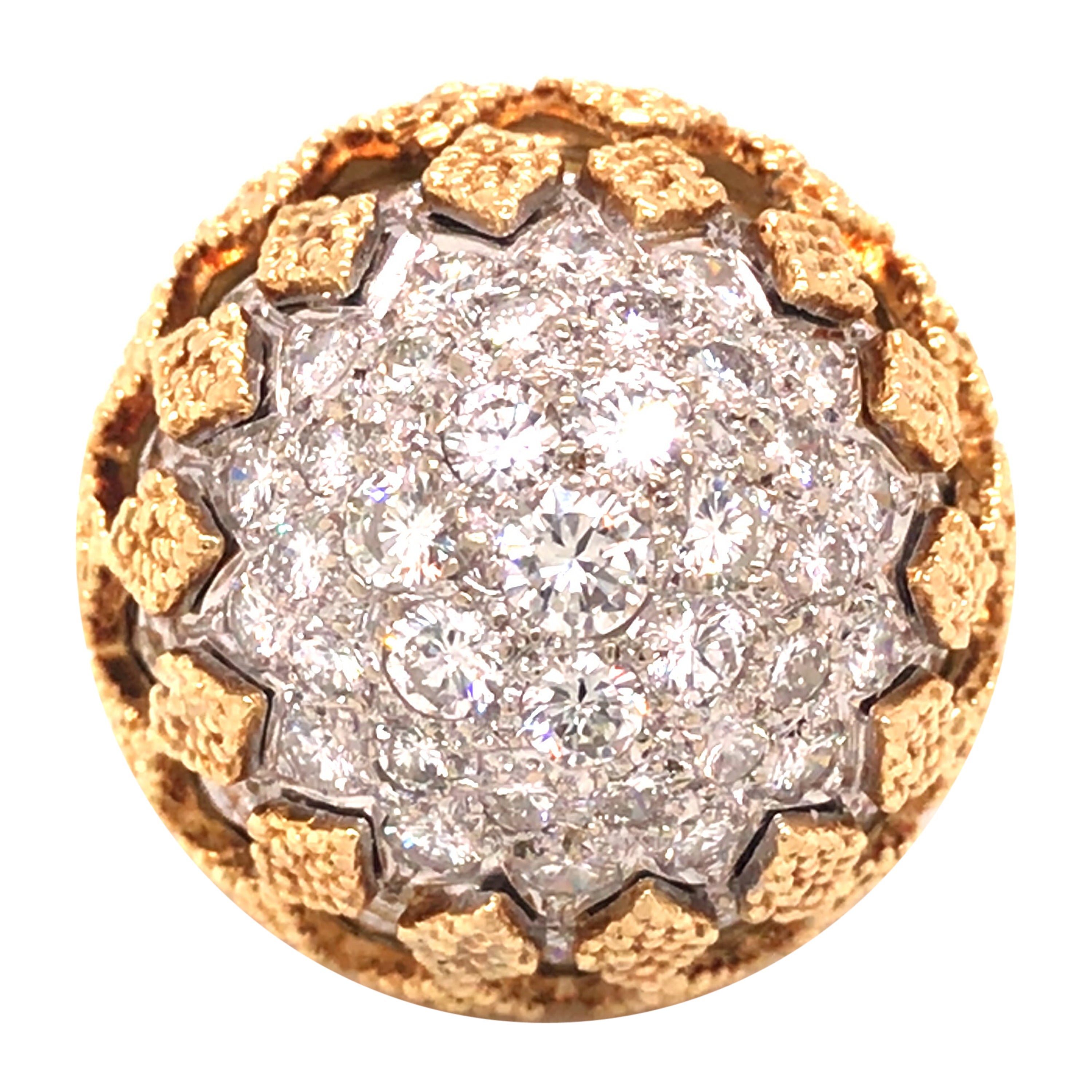 18K Yellow Gold and Platinum Diamond Pave Dome Ring For Sale