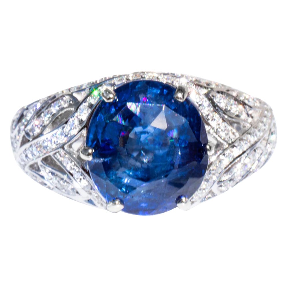 Rare 5.04 Ct Unheated Royal Blue Sapphire & Diamond 18K Ring For Sale