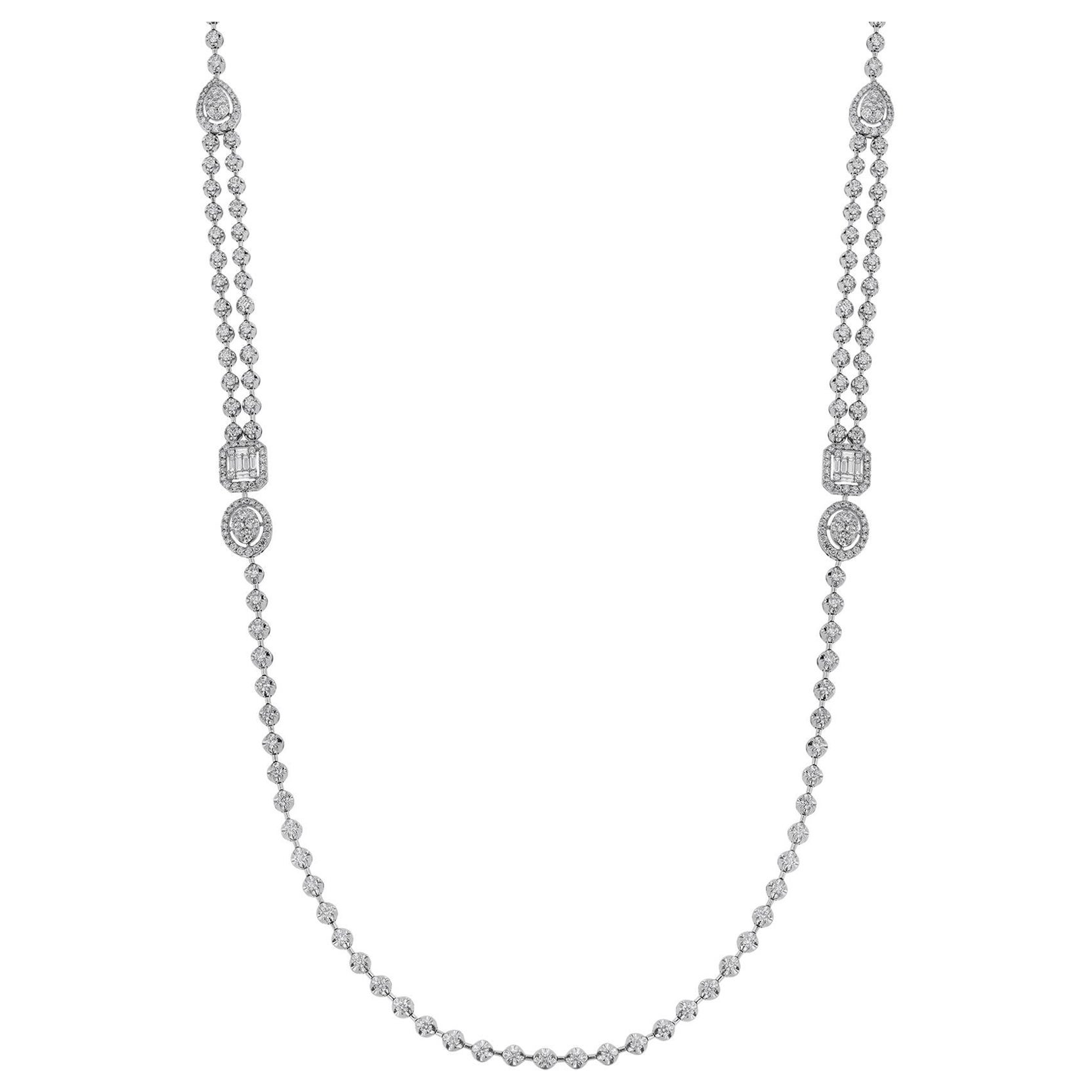 18K White Gold Diamond Long Necklace, 9.32ct For Sale