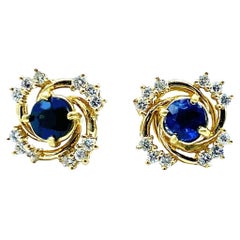.90 CTW Blue Sapphire and Diamond Halo Earrings 18 Karat Yellow Gold