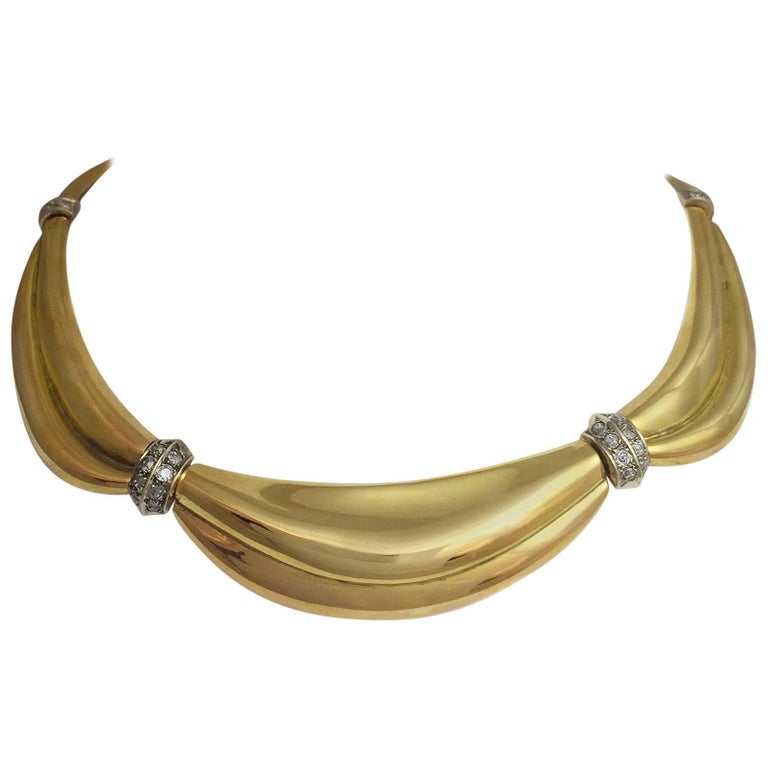 1950s Gold Drapery necklace with intercalary set with diamonds at 1stDibs