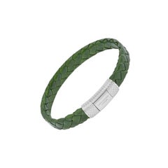 Signature Oval Bracelet in Green Leather with Rhodium Sterling Silver, Size M