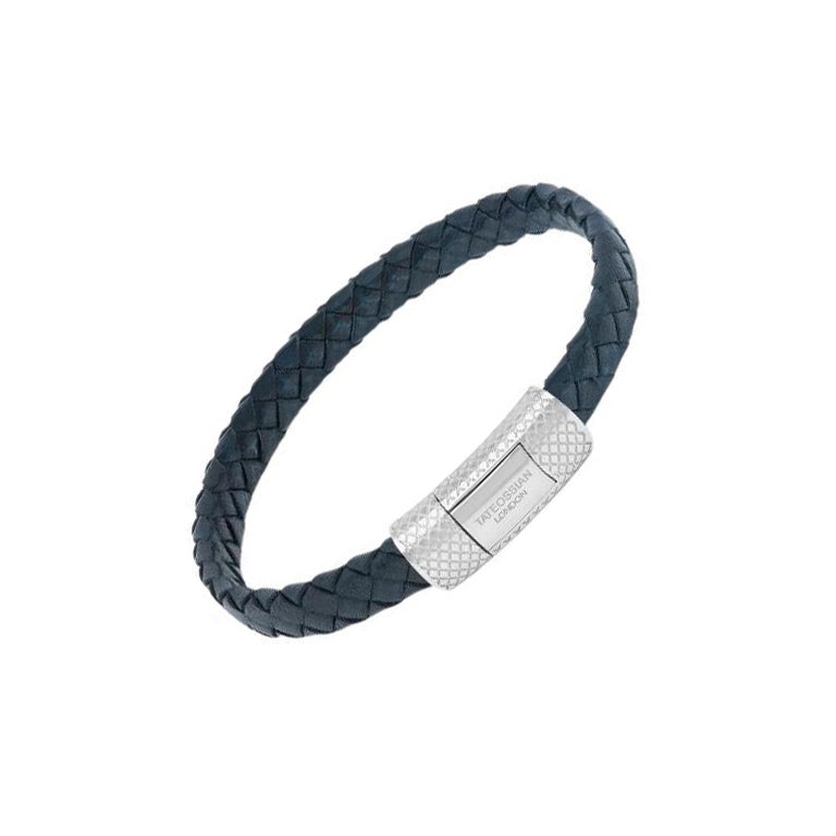 Signature Oval Bracelet in Blue Leather & Rhodium-Plated Sterling Silver, Size M