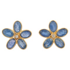 Floral Blue Sapphire Diamond Stud Earrings in 18K Yellow Gold