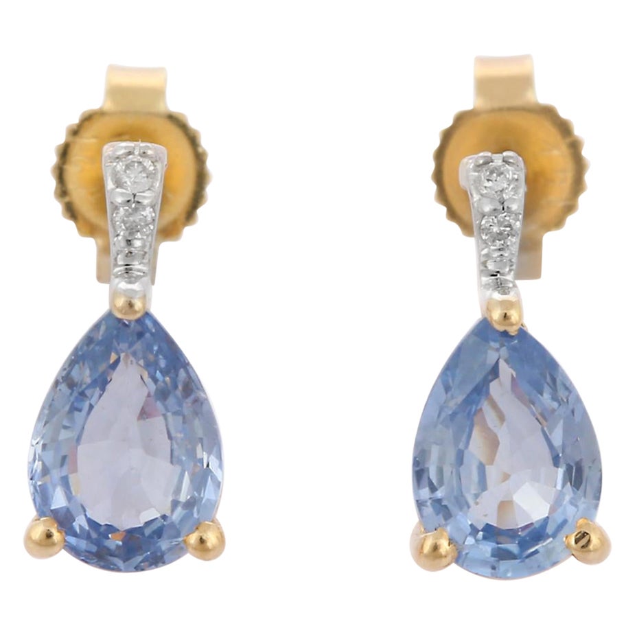 14K Yellow Gold Tear Drop Blue Sapphire Earrings with Diamonds For Sale