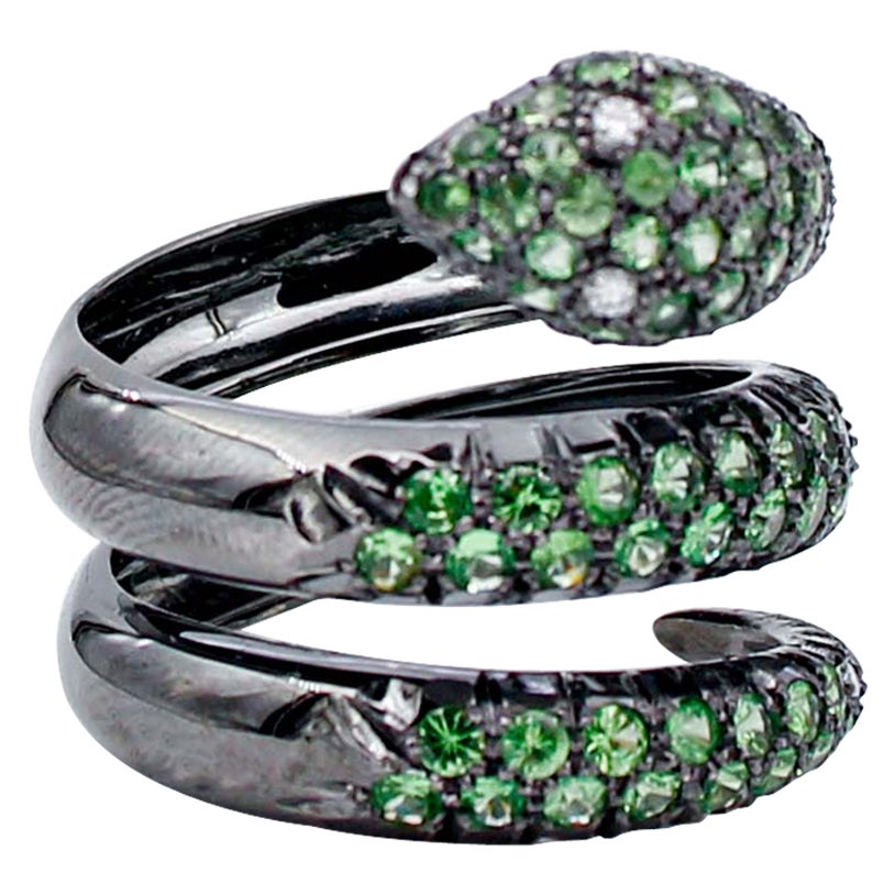 Tsavorite, Diamonds, 18 Karat Black Gold Snake Ring For Sale