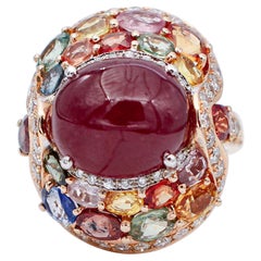 Ruby, Multicolor Sapphires, Diamonds 14 Karat Rose Gold Ring