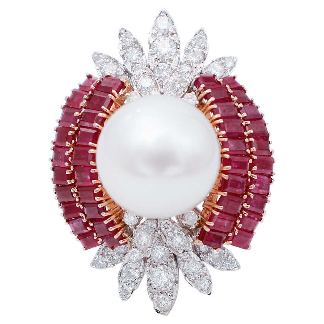 South-Sea Pearl, Rubies, Diamonds, 14 Karat White and Rose Gold Ring